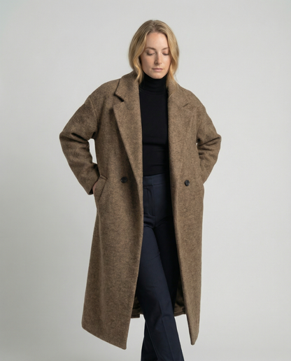 Damen Oversized Wollmantel Elegant Lang Schwarz - Eveloria