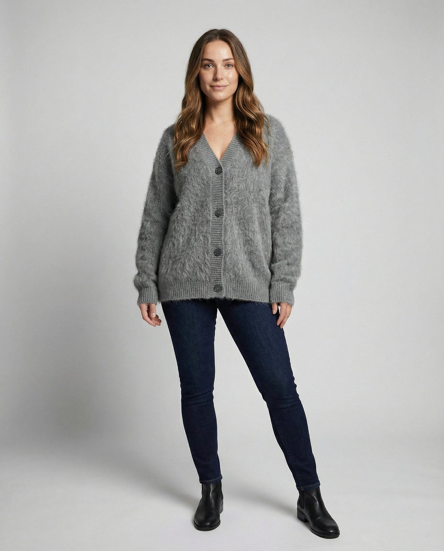 Damen Mohair Strickjacke Kuschelig Grau