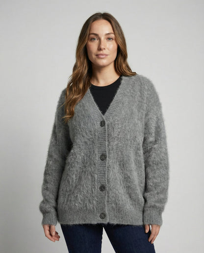 Damen Mohair Strickjacke Kuschelig Grau - Eveloria