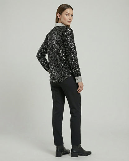 Damen Glitzerbluse Pailletten Oberteil