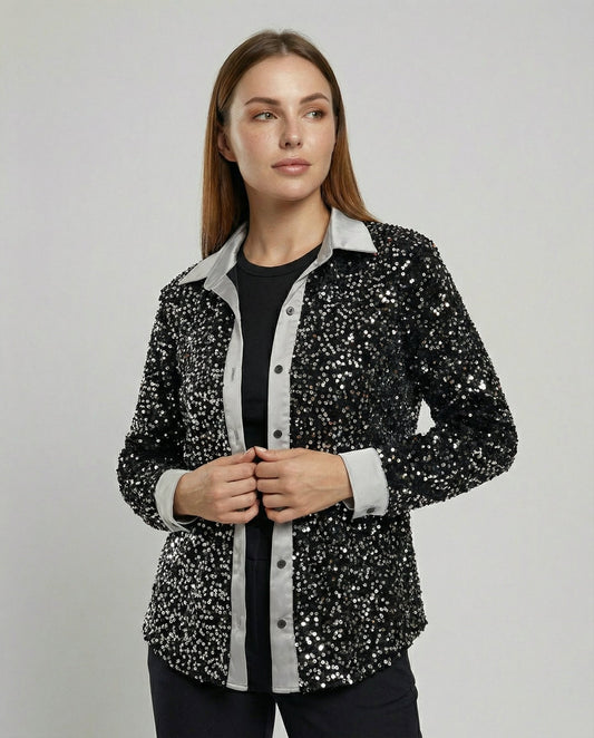 Damen Glitzerbluse Pailletten Oberteil - Eveloria