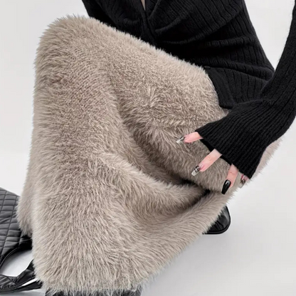 Damen Maxirock Khaki Plüsch Hochtailliert Weich