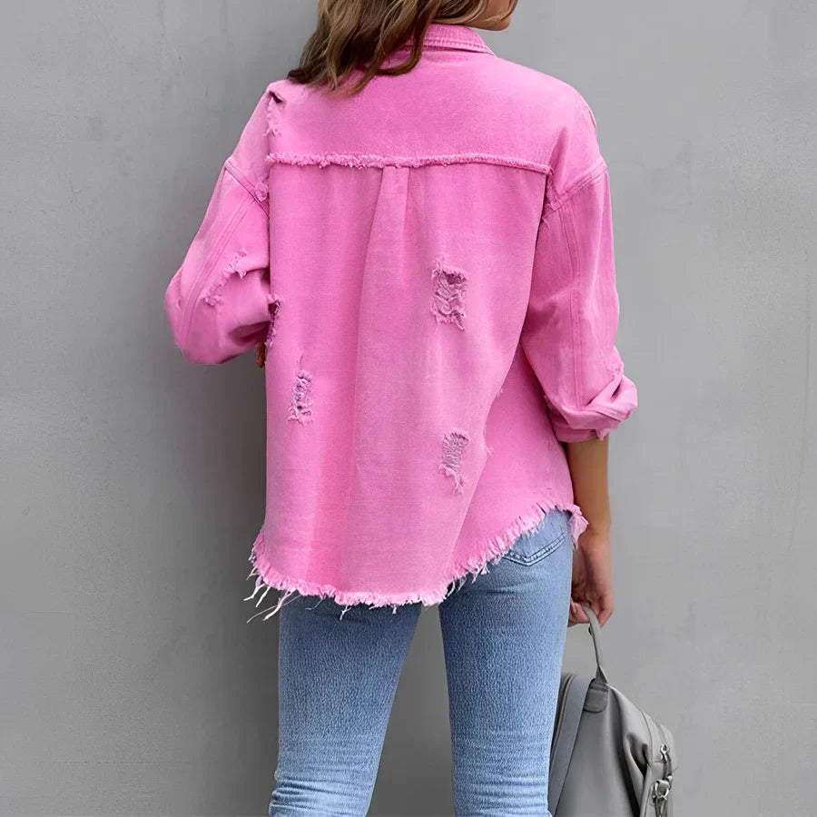 Eveloria Damen Zerrissenes Denim-Hemd mit Knöpfen Blau - Eveloria