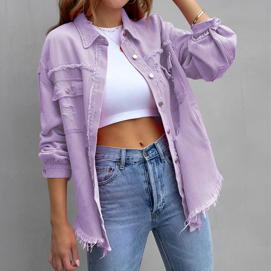 Eveloria Damen Zerrissenes Denim-Hemd mit Knöpfen Blau
