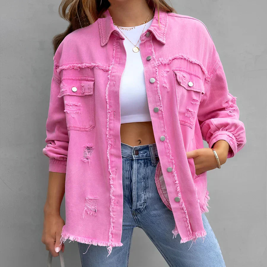 Eveloria Damen Zerrissenes Denim-Hemd mit Knöpfen Blau