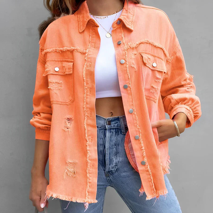 Eveloria Damen Zerrissenes Denim-Hemd mit Knöpfen Blau