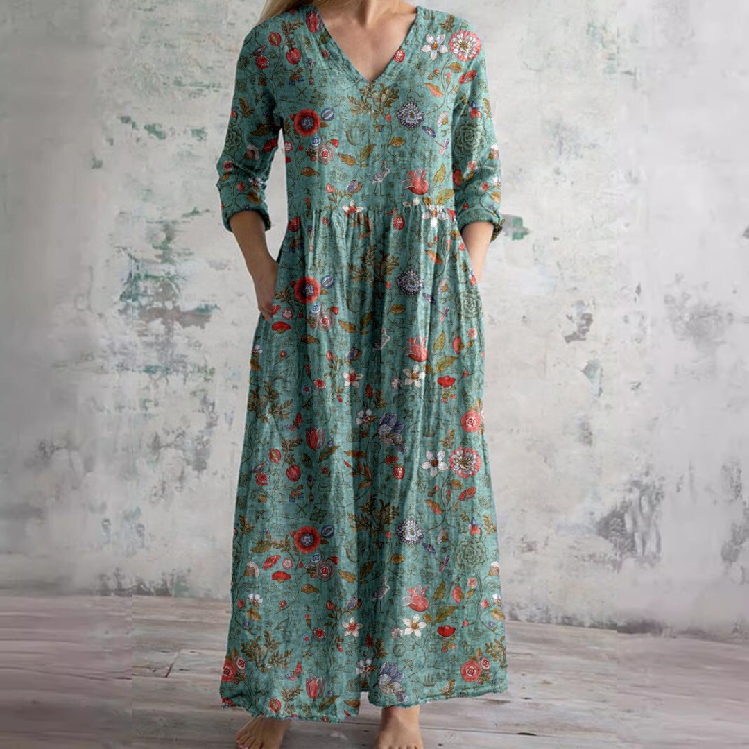 Damen Sommerkleid Blumenprint V-Ausschnitt Langärmlig Maxikleid