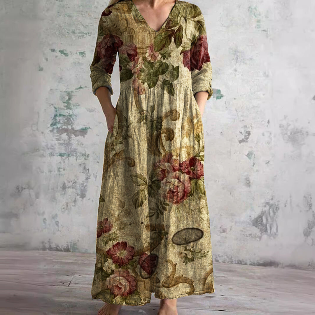 Damen Sommerkleid Blumenprint V-Ausschnitt Langärmlig Maxikleid