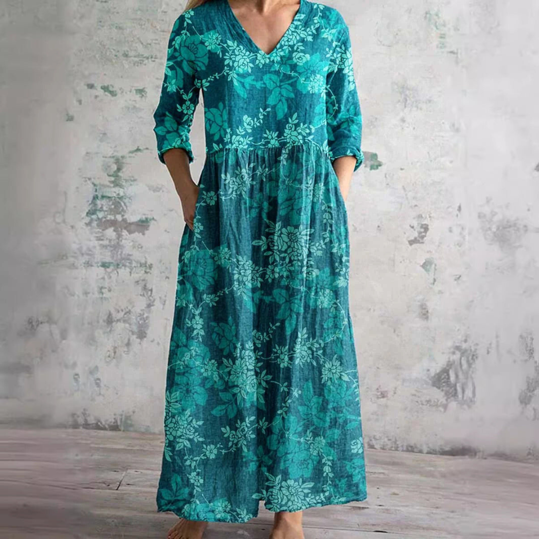 Damen Sommerkleid Blumenprint V-Ausschnitt Langärmlig Maxikleid