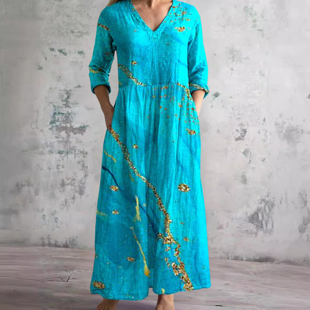 Damen Sommerkleid Blumenprint V-Ausschnitt Langärmlig Maxikleid