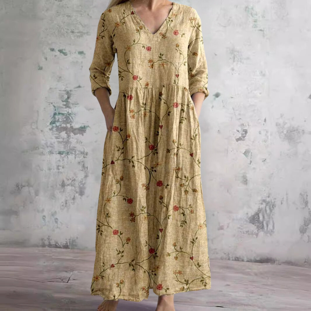 Damen Sommerkleid Blumenprint V-Ausschnitt Langärmlig Maxikleid