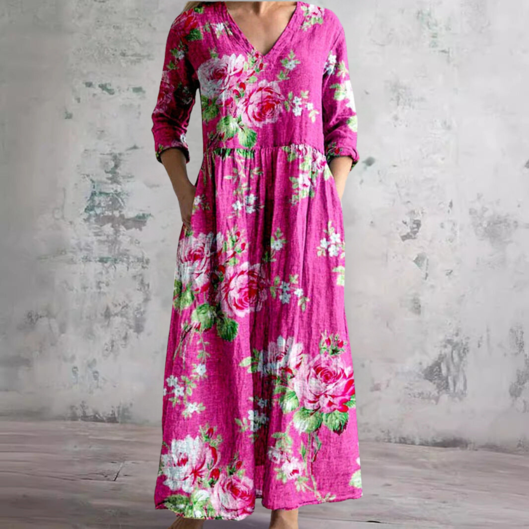 Damen Sommerkleid Blumenprint V-Ausschnitt Langärmlig Maxikleid