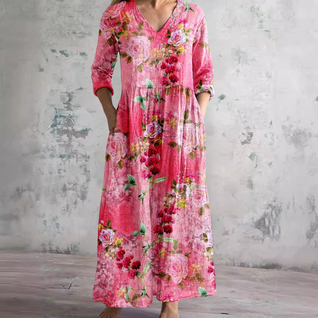 Damen Sommerkleid Blumenprint V-Ausschnitt Langärmlig Maxikleid