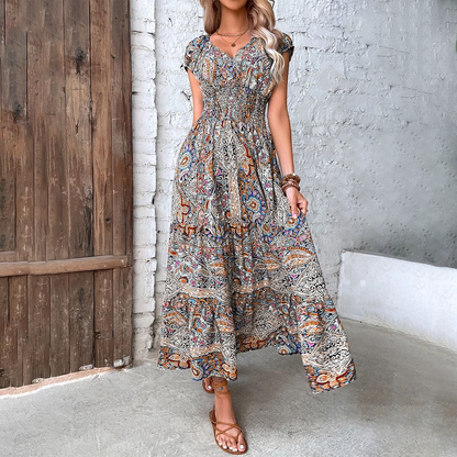 Damen Maxi Kleid V-Ausschnitt Kurzarm Tailliert Farbprint
