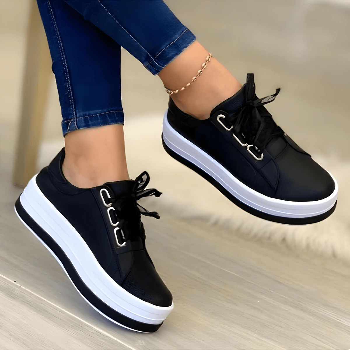 Damen Schnürschuhe Modisch Freizeit Schwarz - Eveloria