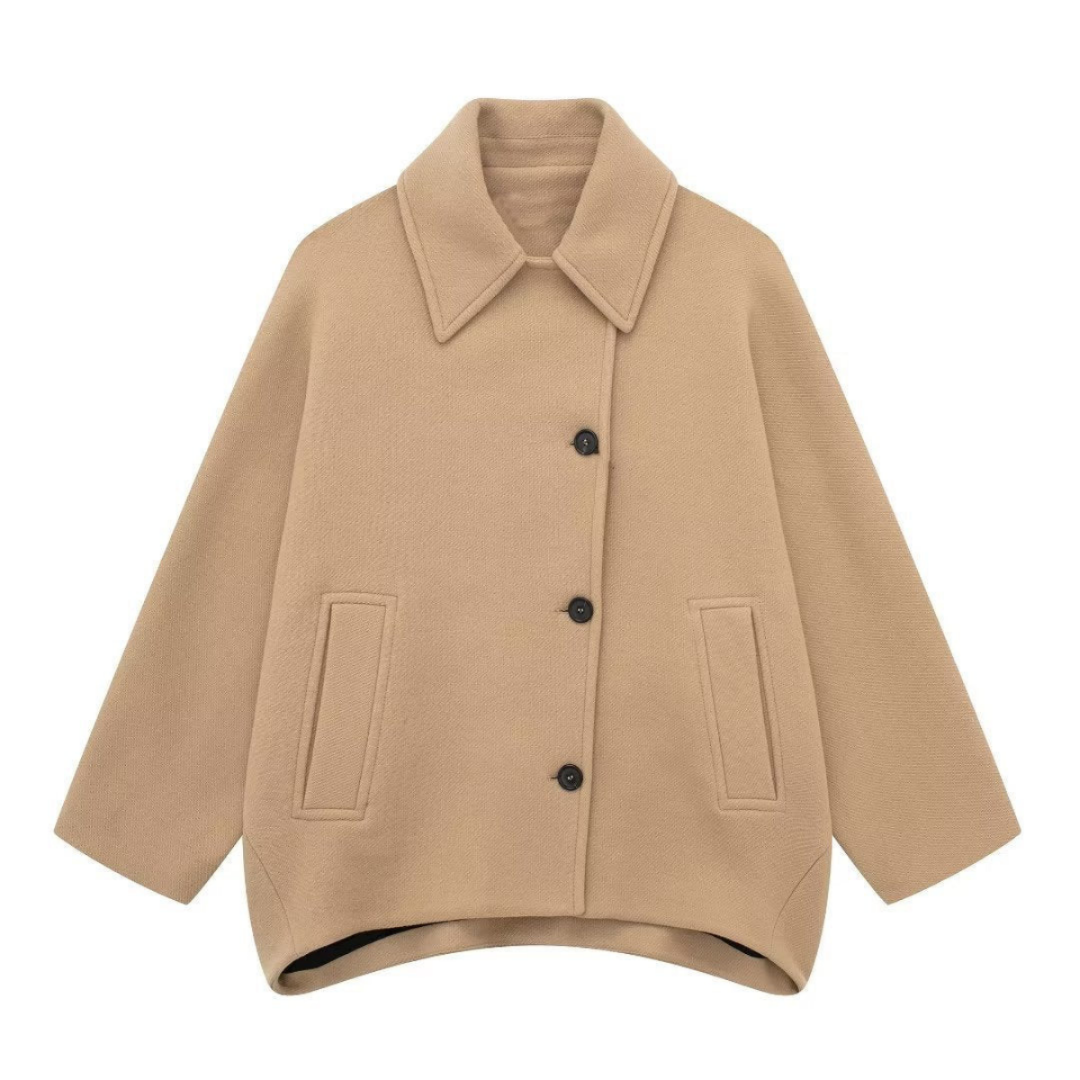 Damen Oversized Jacke Beige Kragen Einknopfleiste - Eveloria