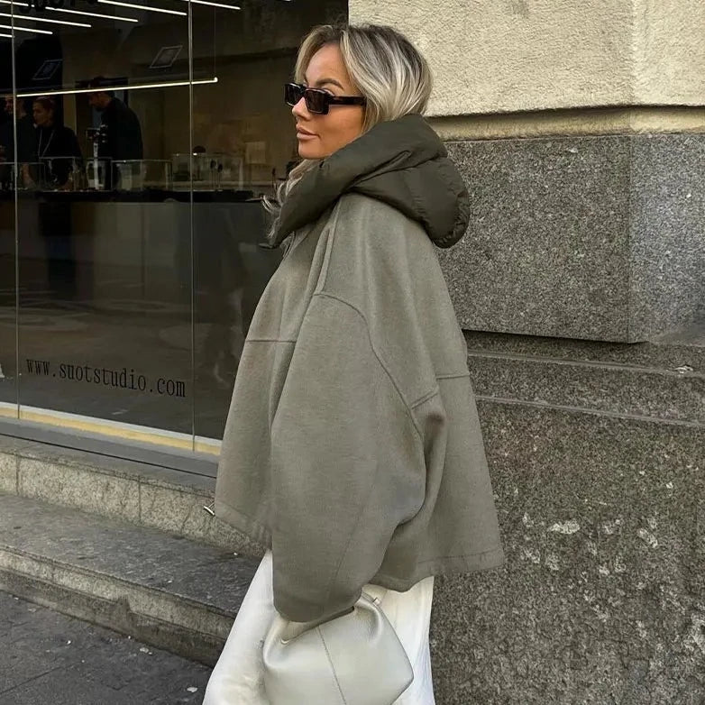 Damen Oversized Winterjacke Mit Kapuze Reißverschluss Schwarz - Eveloria