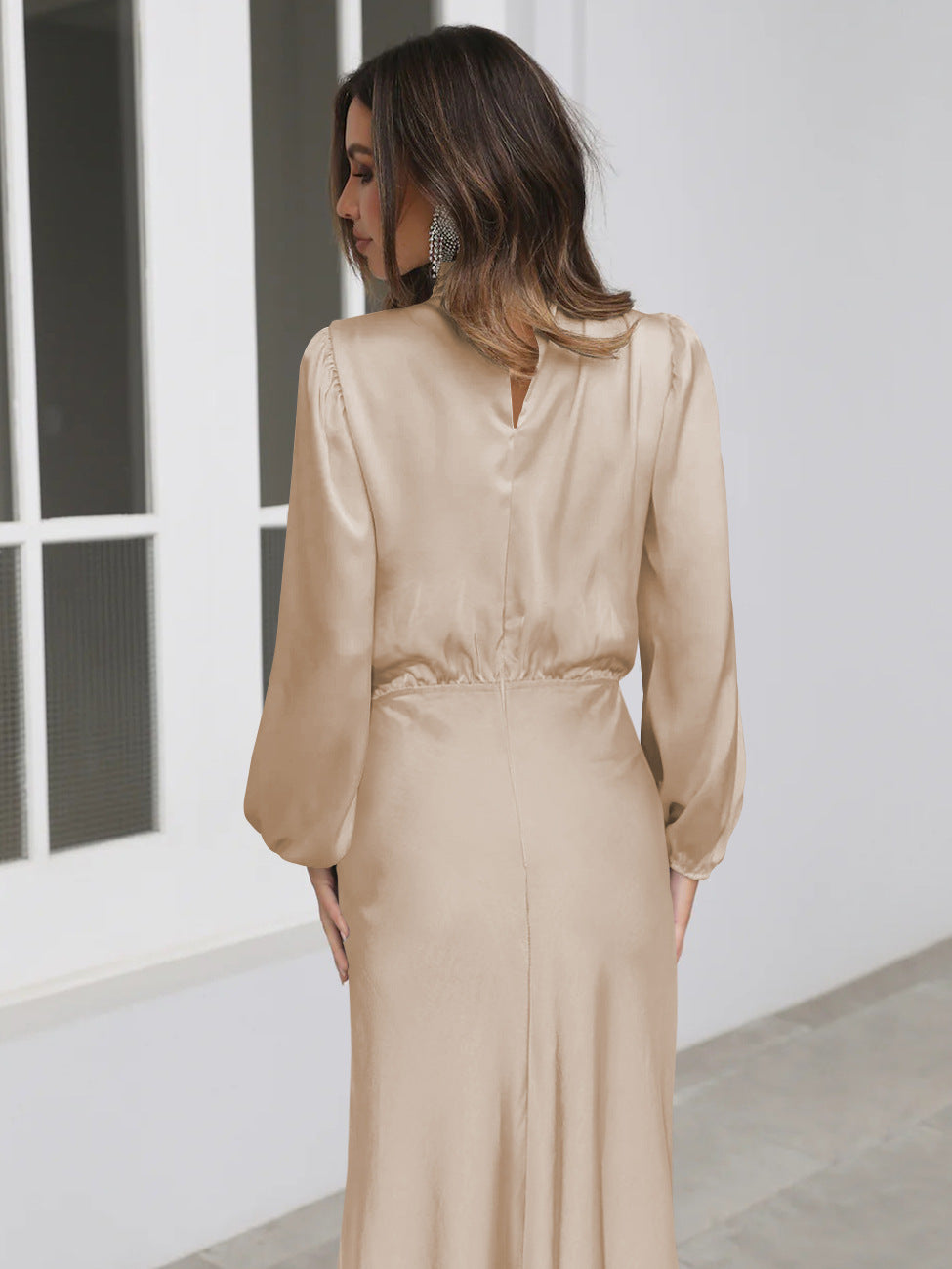 Eveloria Damen Satin Kleid Langärmlig