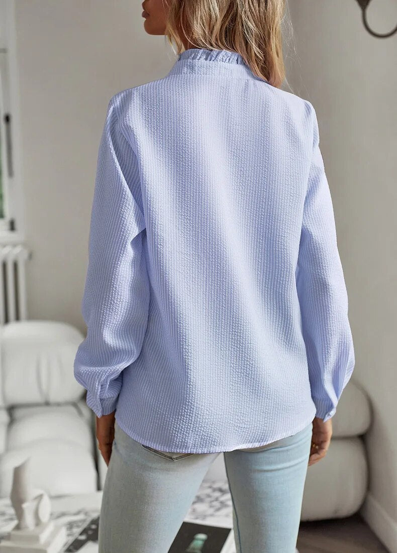 Damen Bluse Langärmlig Rüschenbesatz Knopfleiste