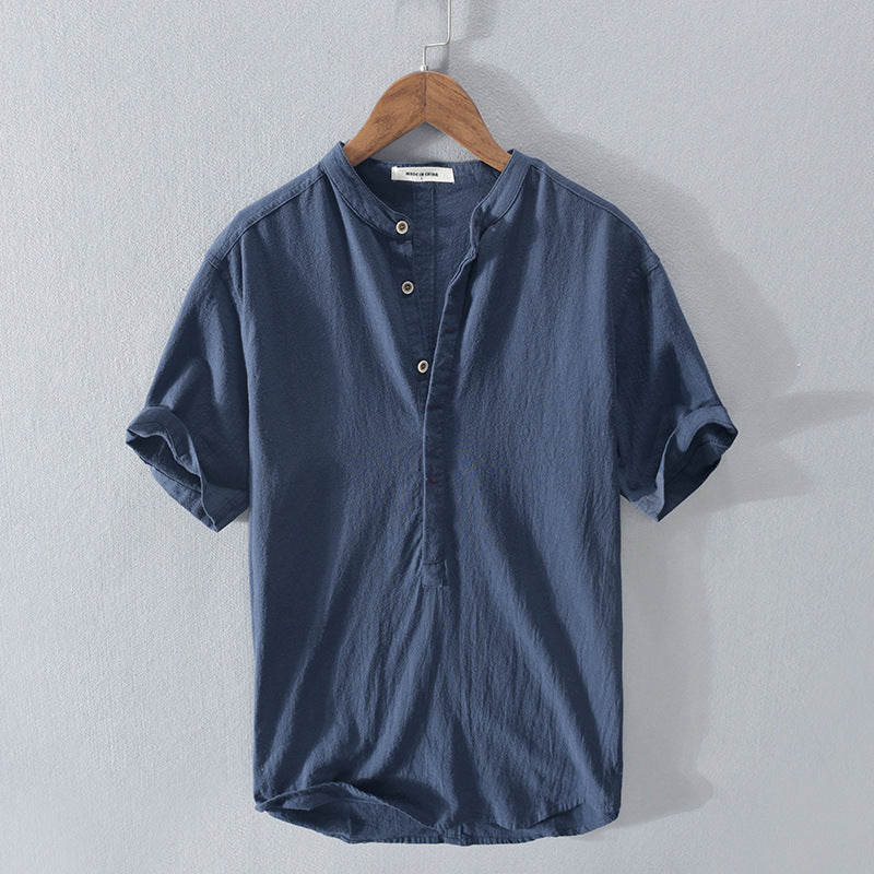 Herren Leinenhemd Mandarin-Kragen Kurzarm