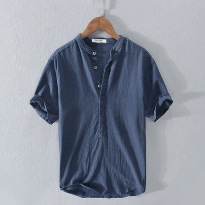 Herren Leinenhemd Mandarin-Kragen Kurzarm