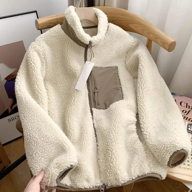Damen Winterjacke Teddy-Effekt Stehkragen Kuschelig Warm Schwarz - Eveloria