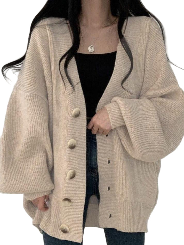 Damen Longcardigan Knöpfe Locker Strick Ballonärmel Beige - Eveloria