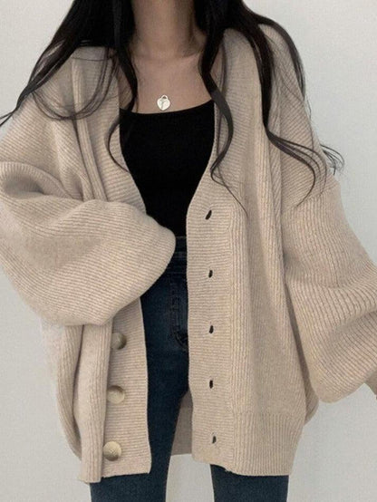 Damen Longcardigan Knöpfe Locker Strick Ballonärmel Beige