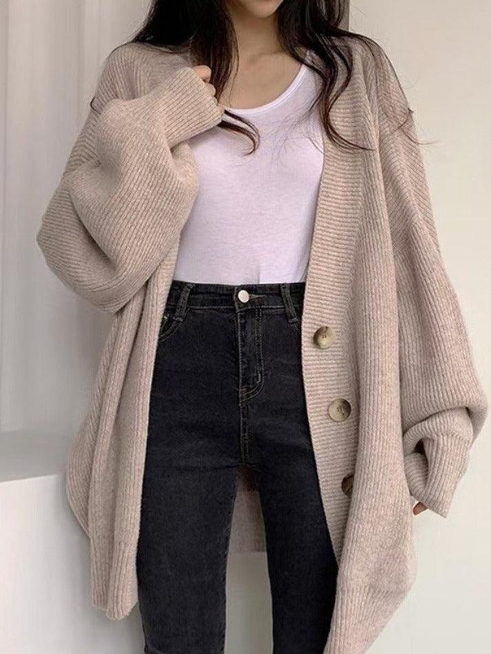 Damen Longcardigan Knöpfe Locker Strick Ballonärmel Beige