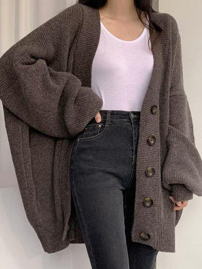 Damen Longcardigan Knöpfe Locker Strick Ballonärmel Beige