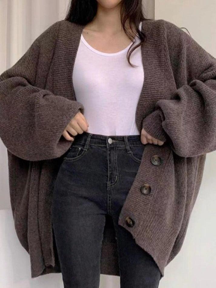 Damen Longcardigan Knöpfe Locker Strick Ballonärmel Beige