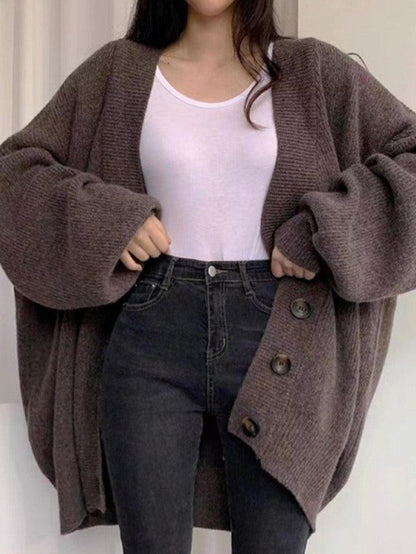Damen Longcardigan Knöpfe Locker Strick Ballonärmel Beige