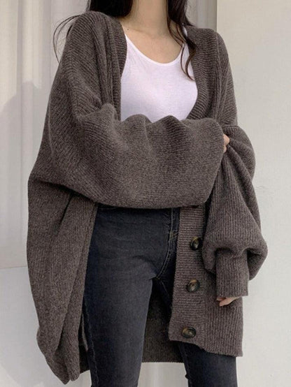 Damen Longcardigan Knöpfe Locker Strick Ballonärmel Beige