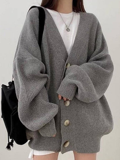 Damen Longcardigan Knöpfe Locker Strick Ballonärmel Beige