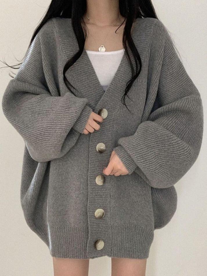 Damen Longcardigan Knöpfe Locker Strick Ballonärmel Beige