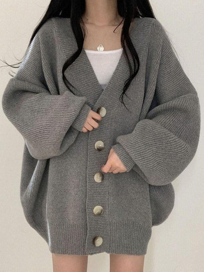 Damen Longcardigan Knöpfe Locker Strick Ballonärmel Beige