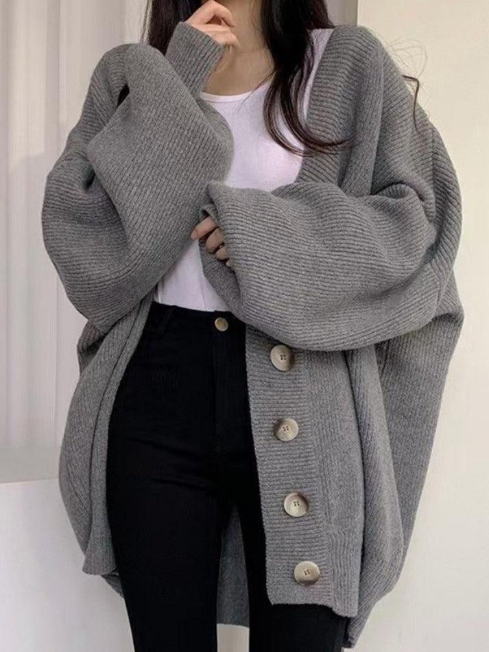 Damen Longcardigan Knöpfe Locker Strick Ballonärmel Beige