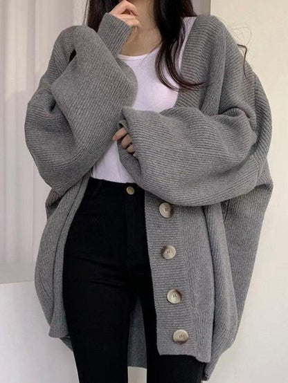 Damen Longcardigan Knöpfe Locker Strick Ballonärmel Beige