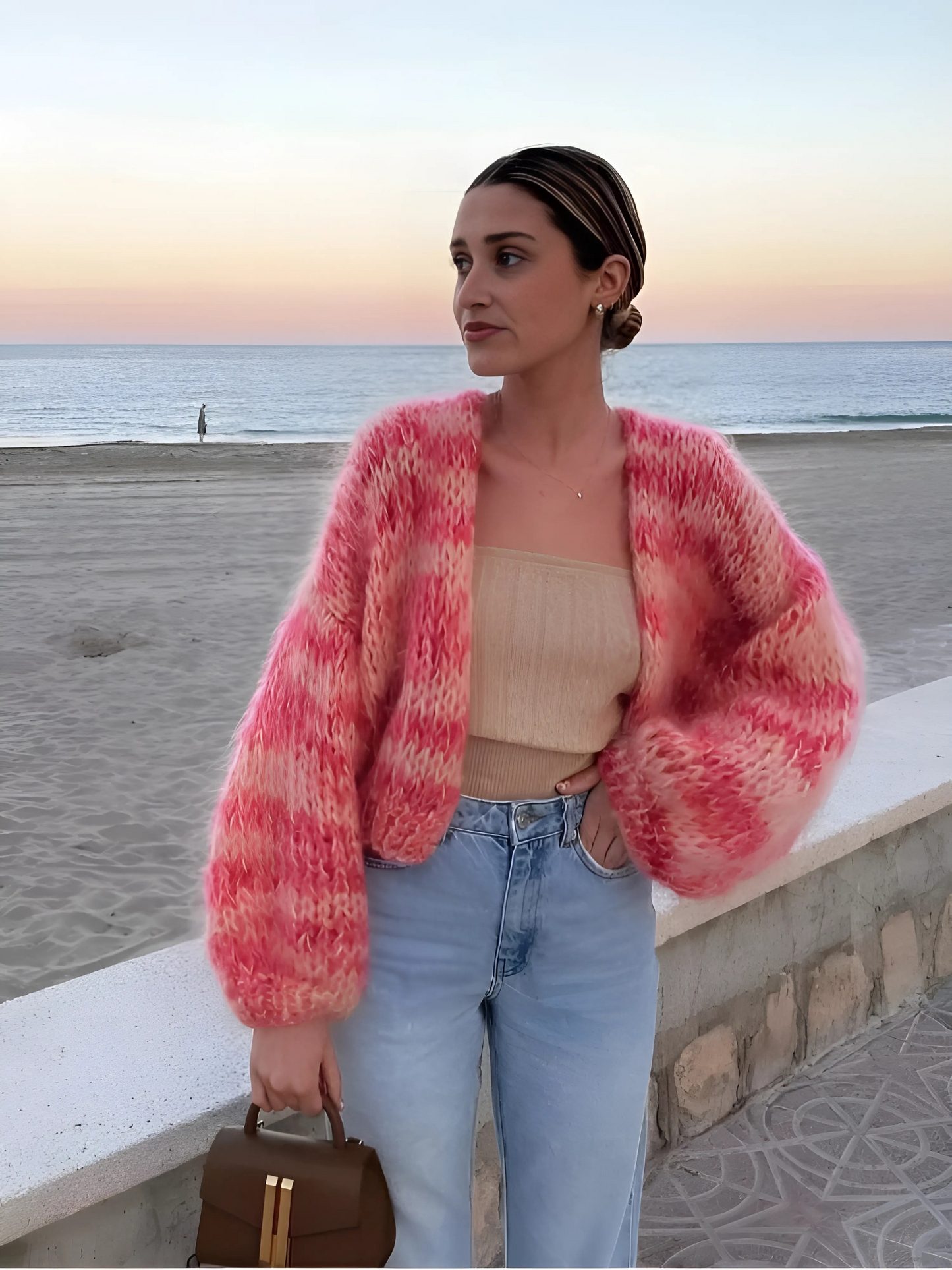 Damen Patchwork Cardigan Lange Puffärmel