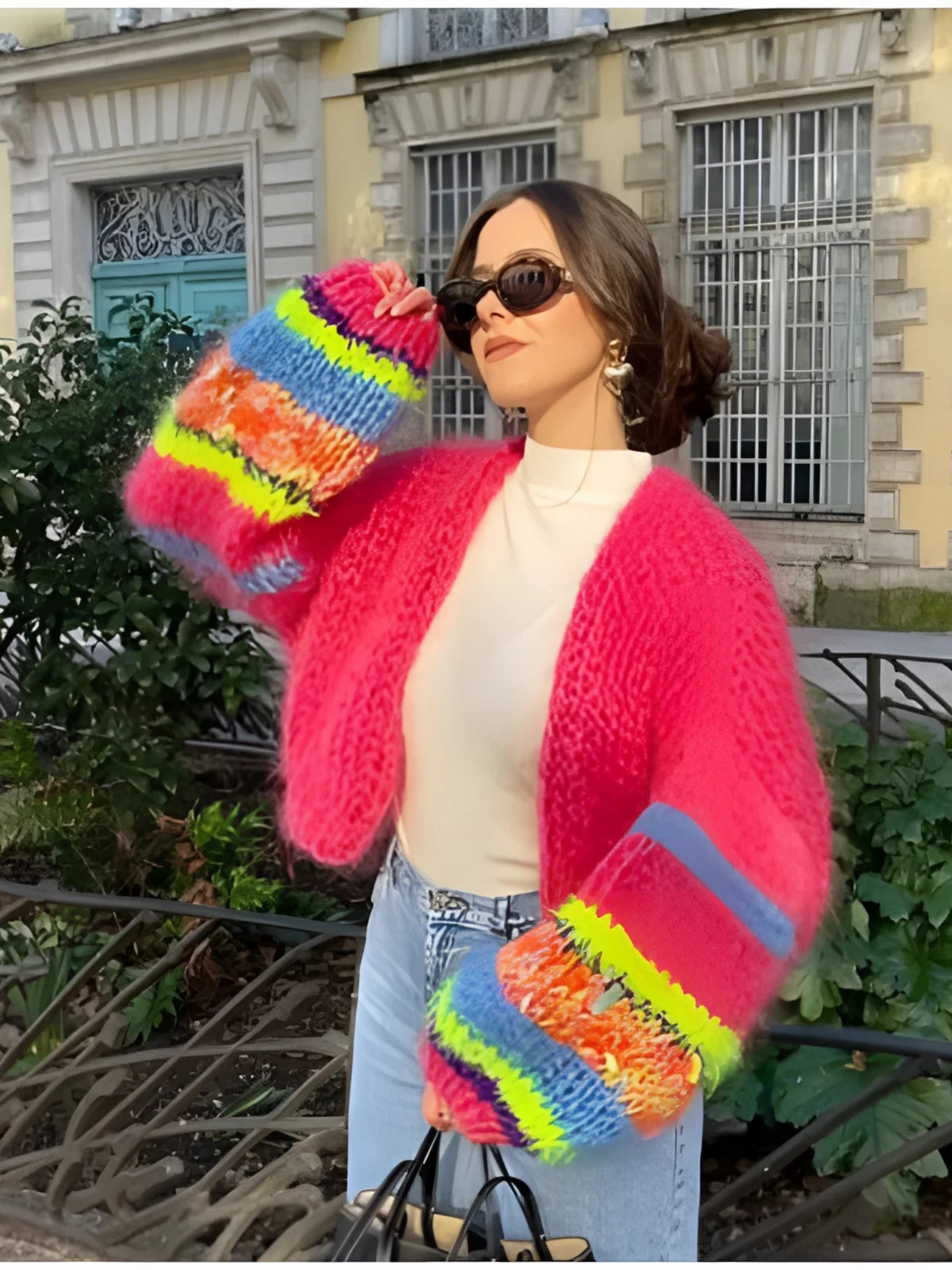 Damen Patchwork Cardigan Lange Puffärmel