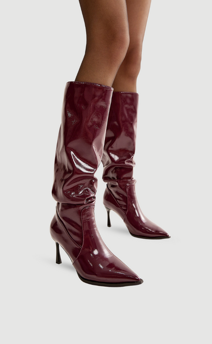 Damen Stiefel Kniehoch Spitz Absatz Glänzend Burgunderrot
