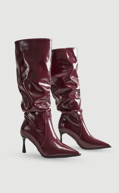 Damen Stiefel Kniehoch Spitz Absatz Glänzend Burgunderrot