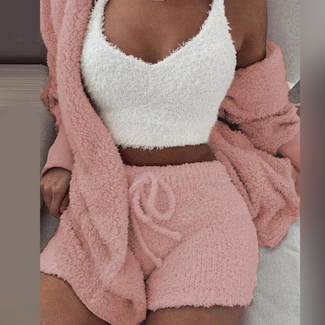 Damen Teddy Lounge Set Kapuzen-Cardigan und Shorts