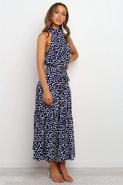 Damen Maxikleid Druckmuster Neckholder Taillenschleife