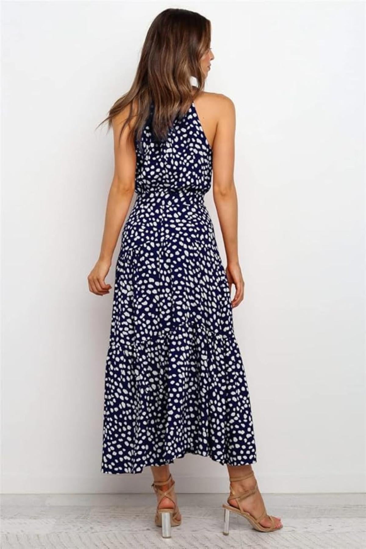 Damen Maxikleid Druckmuster Neckholder Taillenschleife