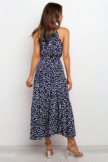 Damen Maxikleid Druckmuster Neckholder Taillenschleife