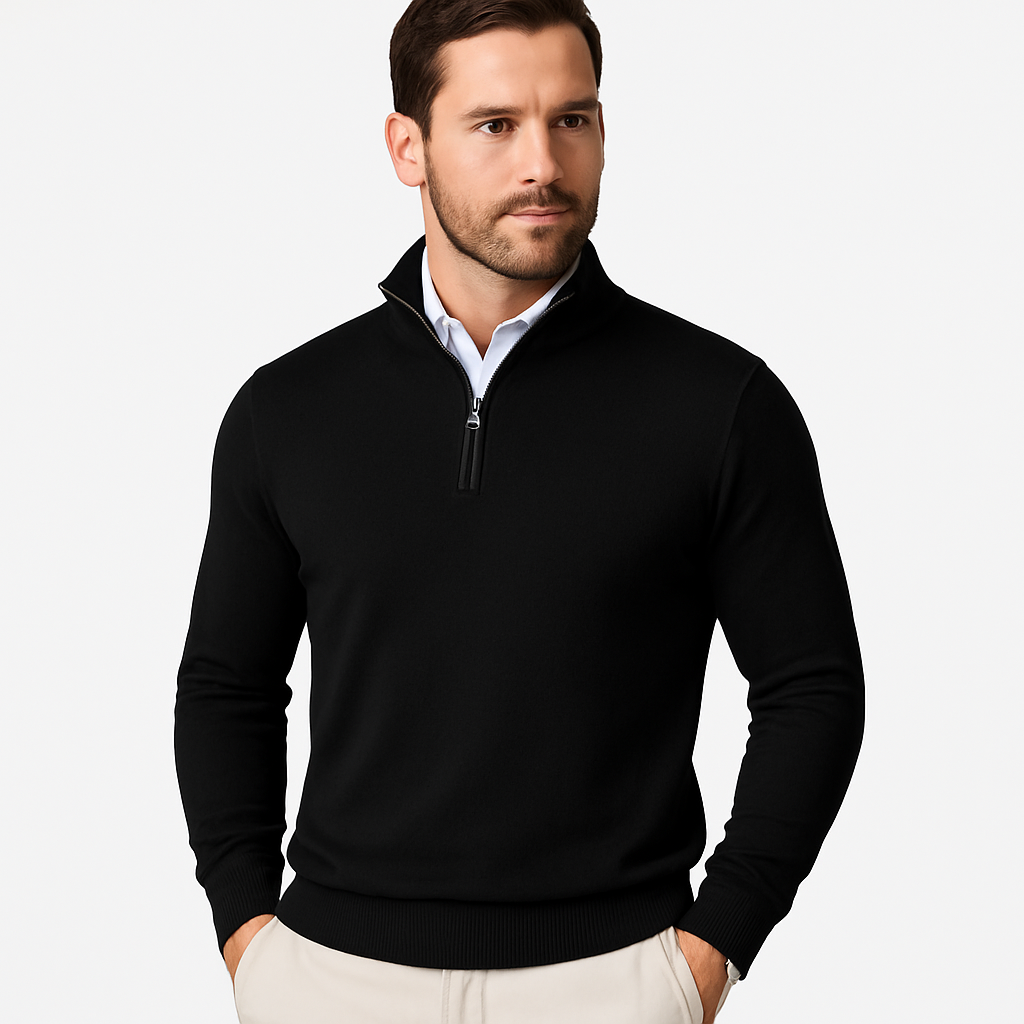 Polo Jumper – Strickpullover mit Viertelreißverschluss für Herren-Schwarz-S-Chaps Herrenmode