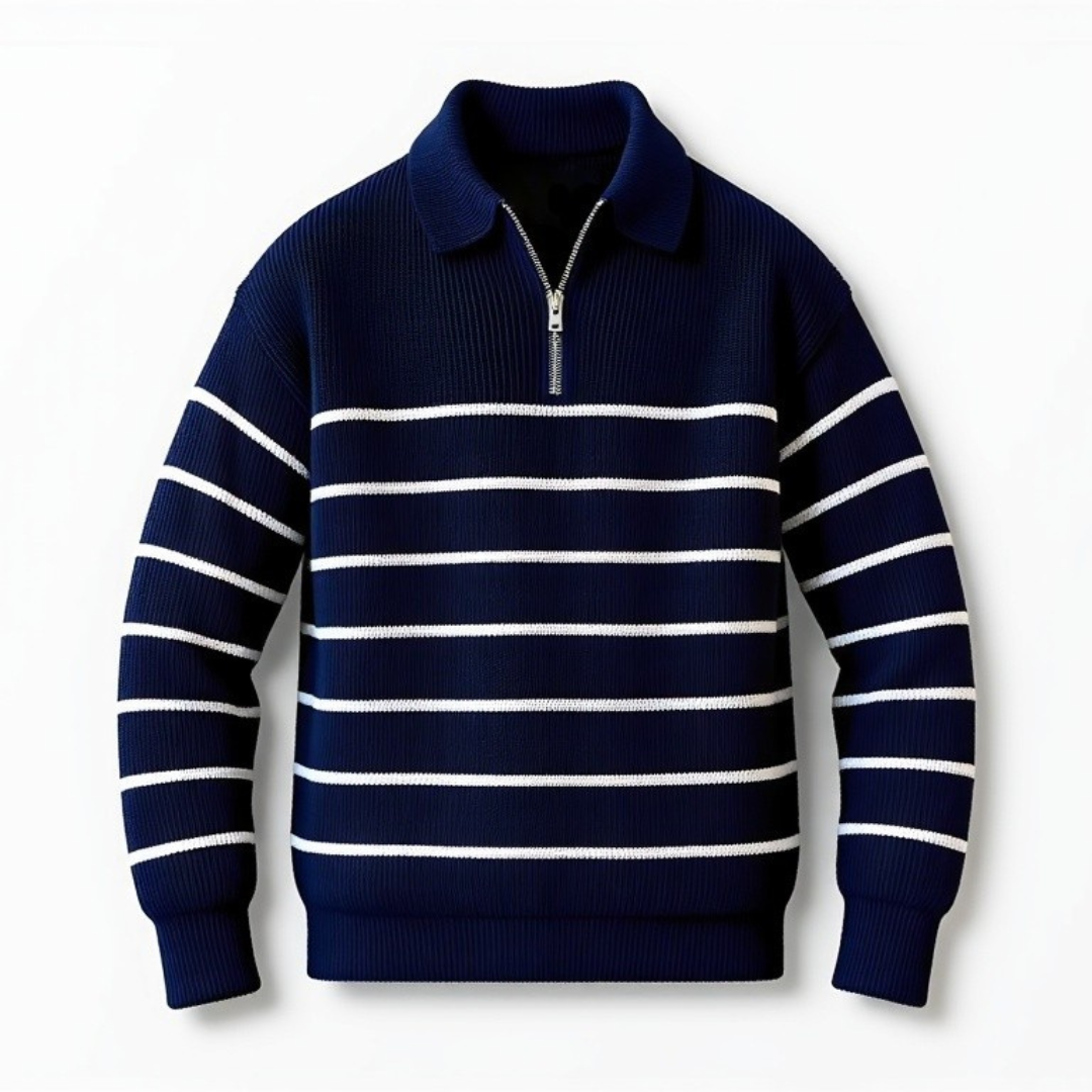 Herren Polo Pullover Blau Gestreift Viertelreißverschluss - Eveloria