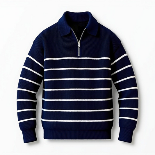 Herren Polo Pullover Blau Gestreift Viertelreißverschluss - Eveloria