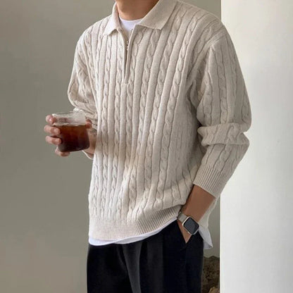 Herren Polo Pullover Zopfmuster Halber Reißverschluss Beige - Eveloria